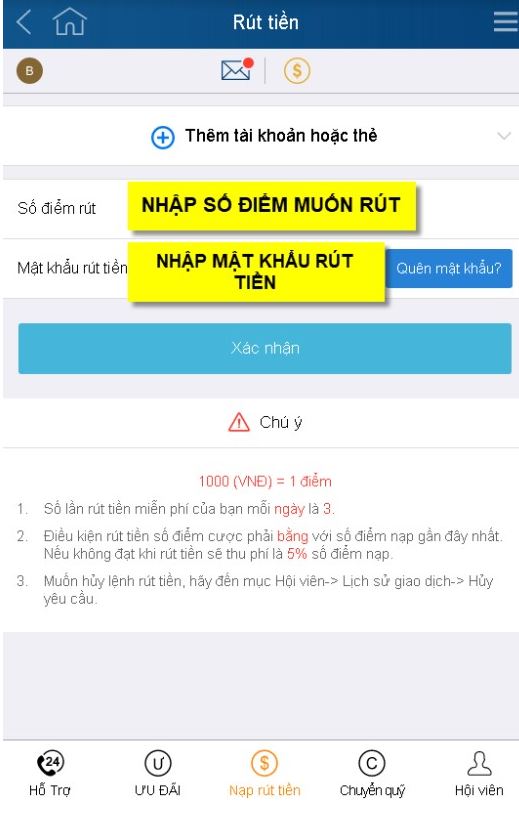 nhập số điểm muốn rút từ kubet